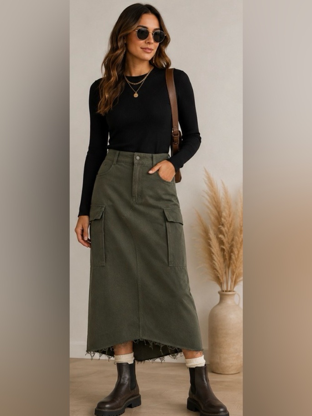 DE BASE Olive Green Cargo Maxi Skirt Size S High Waisted Utility Military Style